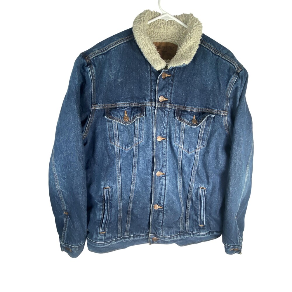 Signature By Levi Strauss Jacket Mens Large Blue Sherpa Lined Denim Western Warm